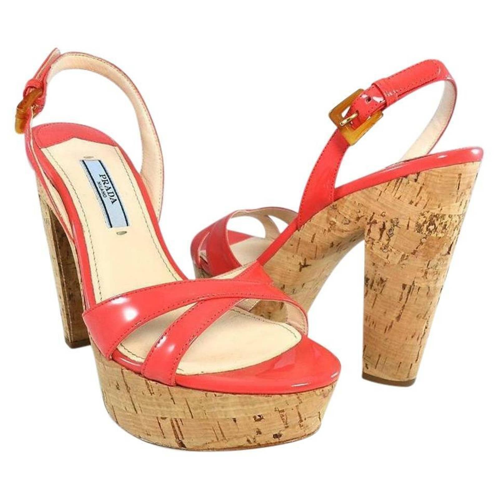 Nib Prada 1z648d Coral Pink Patent Leather Slingback Cork Sandals Pumps 39.5